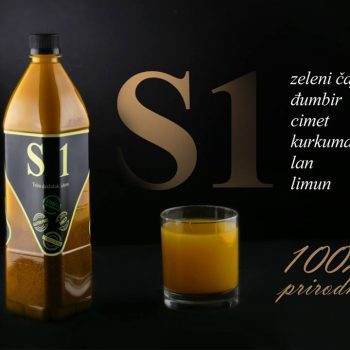 proizvod sa crnom nalepnicom i zutim slovima pored case u kojoj je zuti sirup i tekst sa sastavom