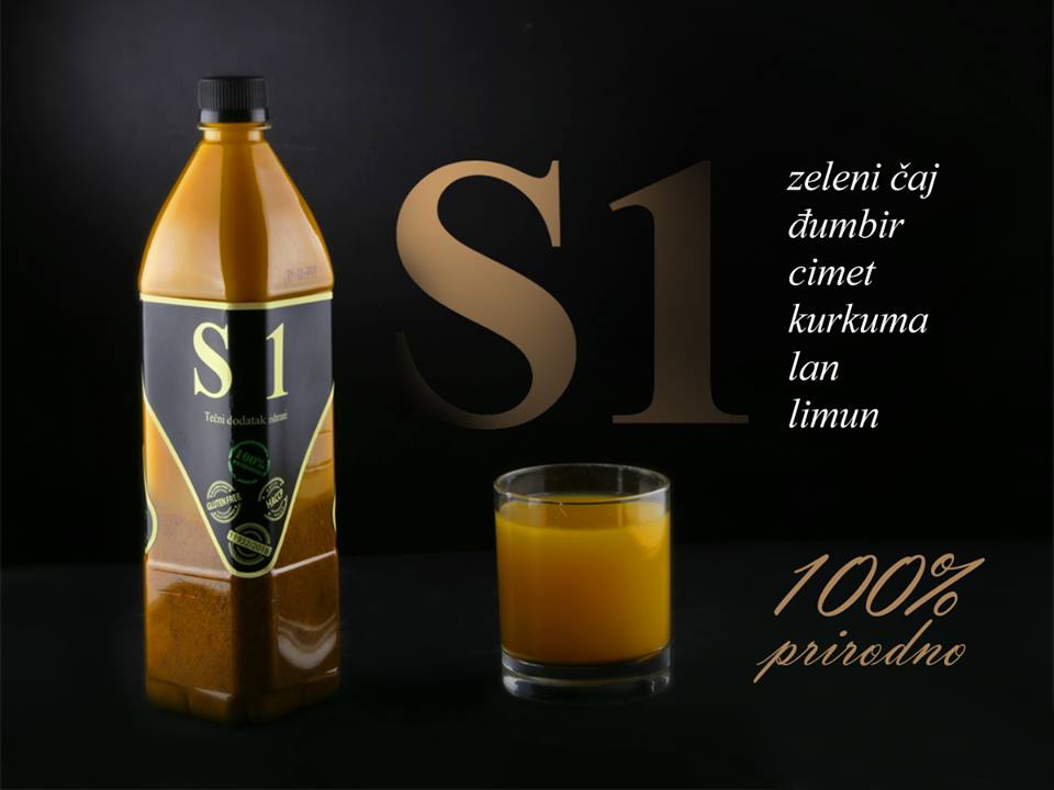 proizvod sa crnom nalepnicom i zutim slovima pored case u kojoj je zuti sirup i tekst sa sastavom